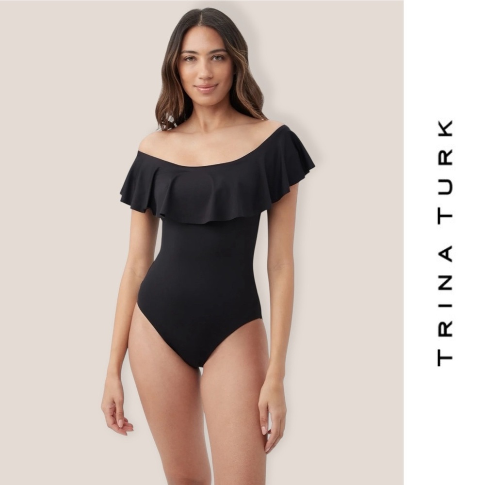 NWOT Trina Turk Black Monaco Off The Shoulder Ruffle Swimsuit, Size 8, MSRP $158